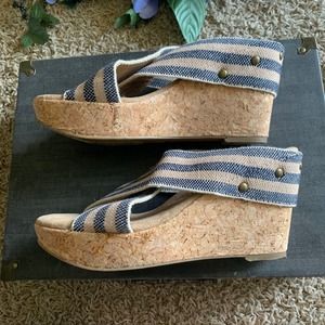 Womens sz 8 Cork Wedge Sandals 4" to 1" Heel Drop Stretchy Jute Cross Straps